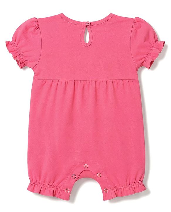 Babyhug 100% Cotton Knit Half Sleeves Hearts Printed Romper With Headband - Dark Pink