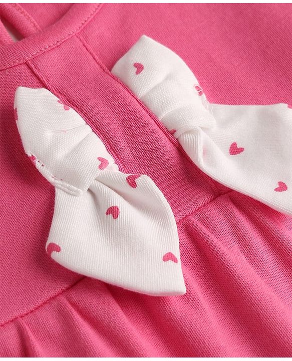 Babyhug 100% Cotton Knit Half Sleeves Hearts Printed Romper With Headband - Dark Pink