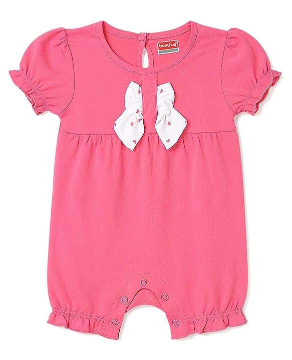 Babyhug 100% Cotton Knit Half Sleeves Hearts Printed Romper With Headband - Dark Pink