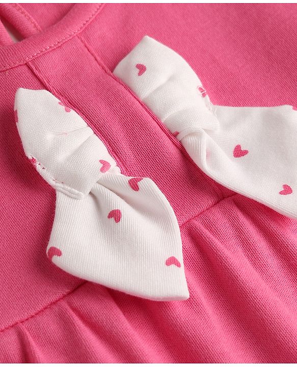 Babyhug 100% Cotton Knit Half Sleeves Hearts Printed Romper With Headband - Dark Pink