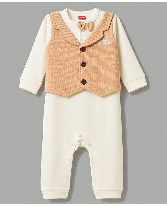 Babyhug 100% Cotton Woven Full Sleeves Text Embroidered Party Romper With Attached Waistcoat & Bow Applique - White & Peach