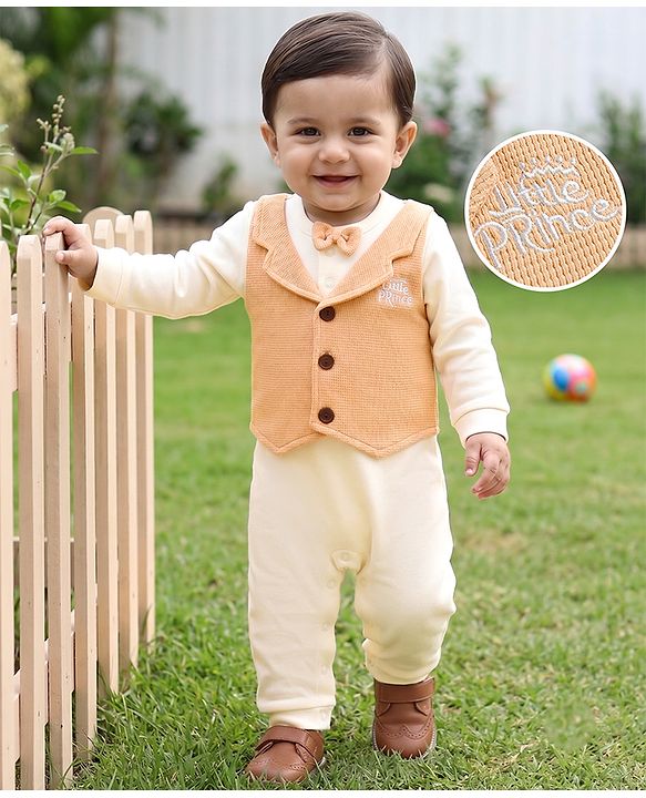 Babyhug 100% Cotton Woven Full Sleeves Text Embroidered Party Romper With Attached Waistcoat & Bow Applique - White & Peach
