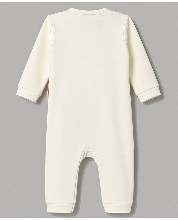 Babyhug 100% Cotton Woven Full Sleeves Text Embroidered Party Romper With Attached Waistcoat & Bow Applique - White & Peach