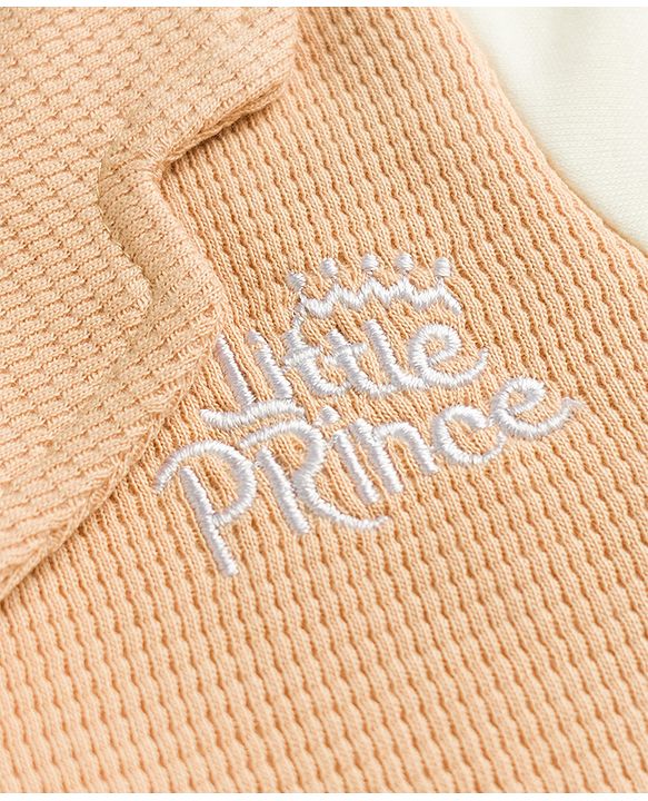 Babyhug 100% Cotton Woven Full Sleeves Text Embroidered Party Romper With Attached Waistcoat & Bow Applique - White & Peach