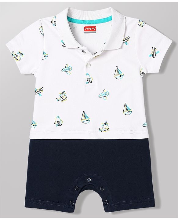 Babyhug 100% Cotton Knit Half Sleeves Vehicles Printed Romper - Multicolor