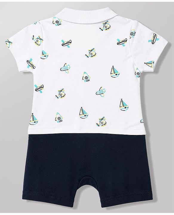 Babyhug 100% Cotton Knit Half Sleeves Vehicles Printed Romper - Multicolor