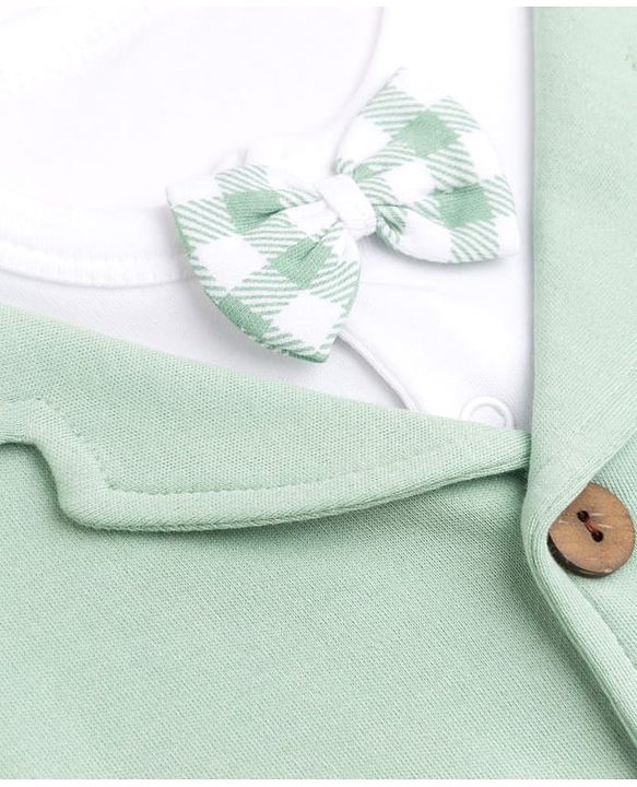 Babyhug 100% Cotton Interlock Woven Half Sleeves Partywear Checked Pattern Romper With Attached Waistcoat & Bow - Light Green