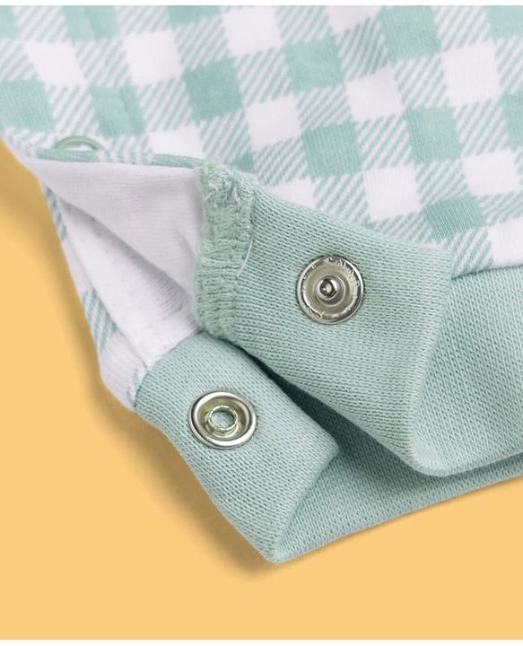 Babyhug 100% Cotton Interlock Woven Half Sleeves Partywear Checked Pattern Romper With Attached Waistcoat & Bow - Light Green