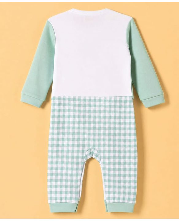 Babyhug 100% Cotton Interlock Woven Half Sleeves Partywear Checked Pattern Romper With Attached Waistcoat & Bow - Light Green