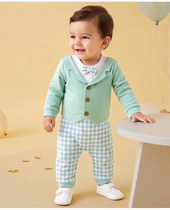 Babyhug 100% Cotton Interlock Woven Half Sleeves Partywear Checked Pattern Romper With Attached Waistcoat & Bow - Light Green