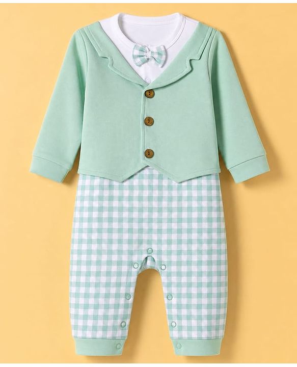 Babyhug 100% Cotton Interlock Woven Half Sleeves Partywear Checked Pattern Romper With Attached Waistcoat & Bow - Light Green