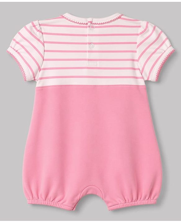 Babyhug 100% Cotton Knit Half Sleeves Striped Romper With Animal Applique - Pink