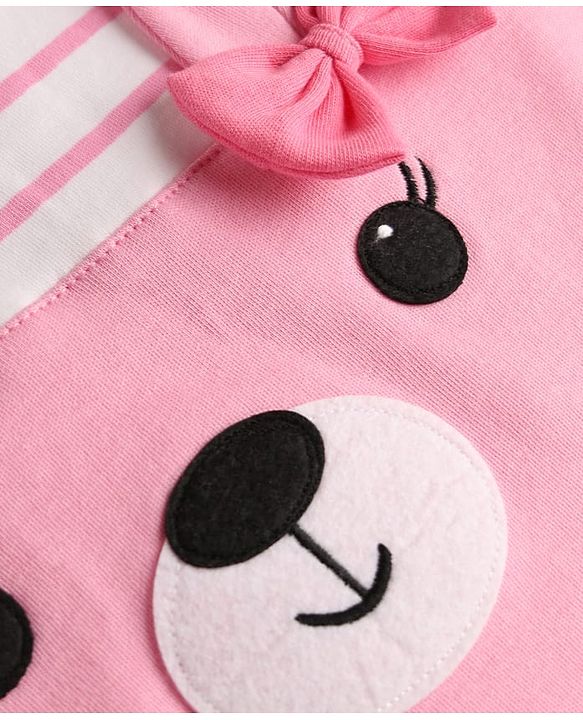 Babyhug 100% Cotton Knit Half Sleeves Striped Romper With Animal Applique - Pink