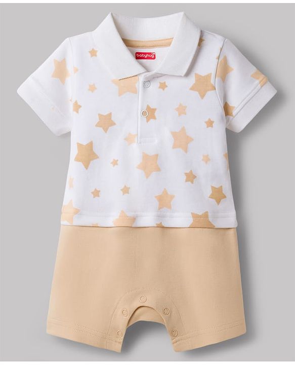 Babyhug 100% Cotton Knit Half Sleeves Star Printed Romper - Peach