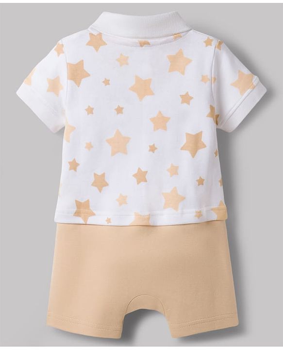 Babyhug 100% Cotton Knit Half Sleeves Star Printed Romper - Peach