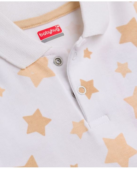 Babyhug 100% Cotton Knit Half Sleeves Star Printed Romper - Peach