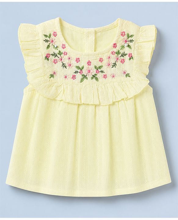 Babyhug 100% Cotton Woven Sleeveless, Frill Sleeves Dobby Top With Floral Embroidery in Beige