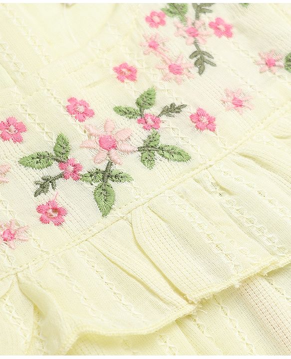 Babyhug 100% Cotton Woven Sleeveless, Frill Sleeves Dobby Top With Floral Embroidery in Beige