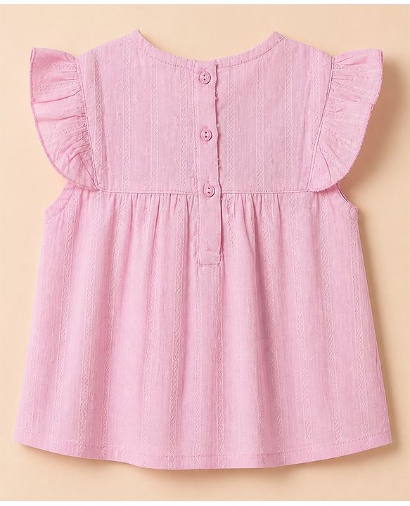 Babyhug 100% Cotton Woven Sleeveless, Frill Sleeves Dobby Top With Floral Embroidery in Pink