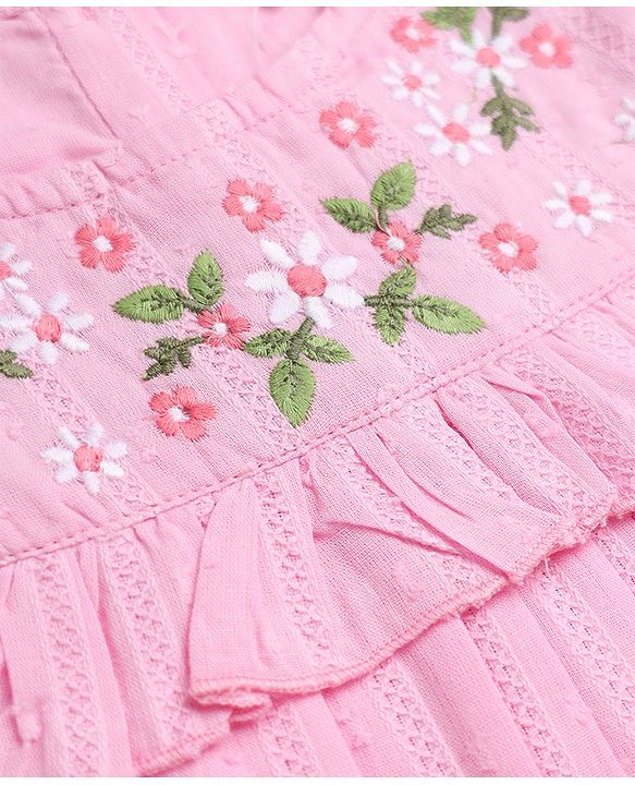 Babyhug 100% Cotton Woven Sleeveless, Frill Sleeves Dobby Top With Floral Embroidery in Pink