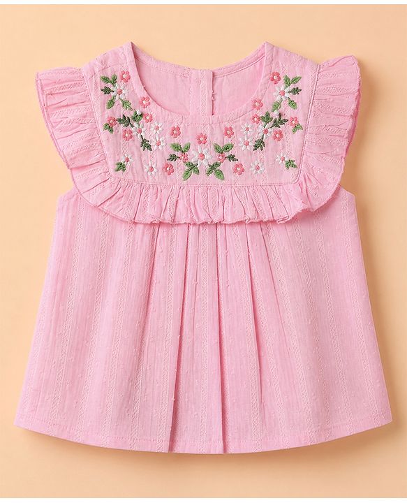 Babyhug 100% Cotton Woven Sleeveless, Frill Sleeves Dobby Top With Floral Embroidery in Pink