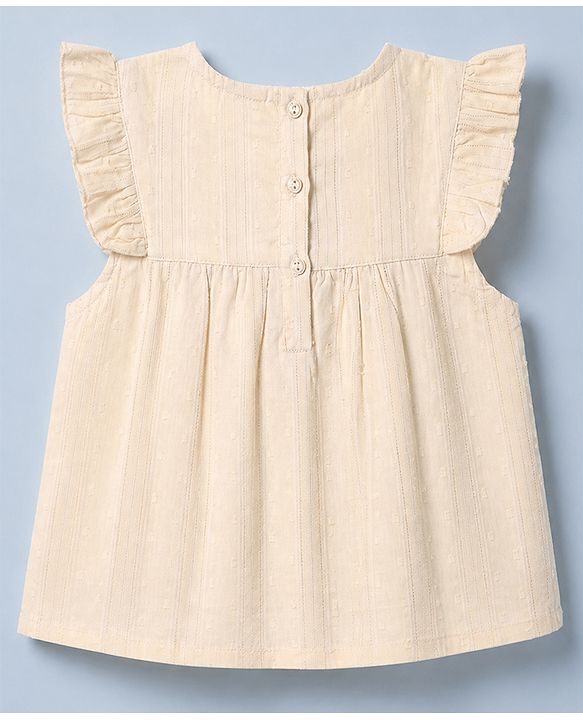 Babyhug 100% Cotton Woven Sleeveless, Frill Sleeves Dobby Top With Floral Embroidery in Cream