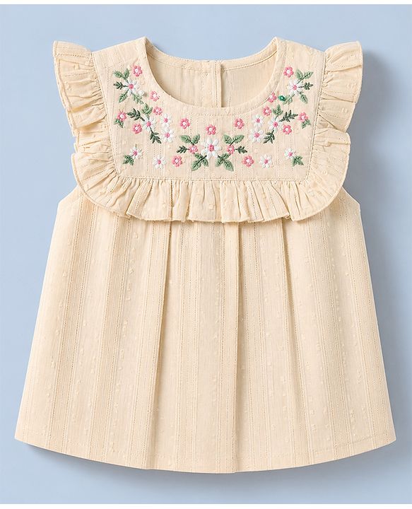 Babyhug 100% Cotton Woven Sleeveless, Frill Sleeves Dobby Top With Floral Embroidery in Cream