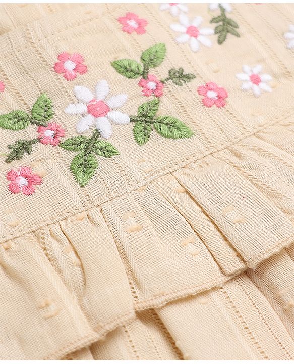 Babyhug 100% Cotton Woven Sleeveless, Frill Sleeves Dobby Top With Floral Embroidery in Cream