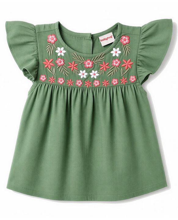 Babyhug 100% Cotton Woven Crepe Half Sleeves Floral Embroidered Top - Green