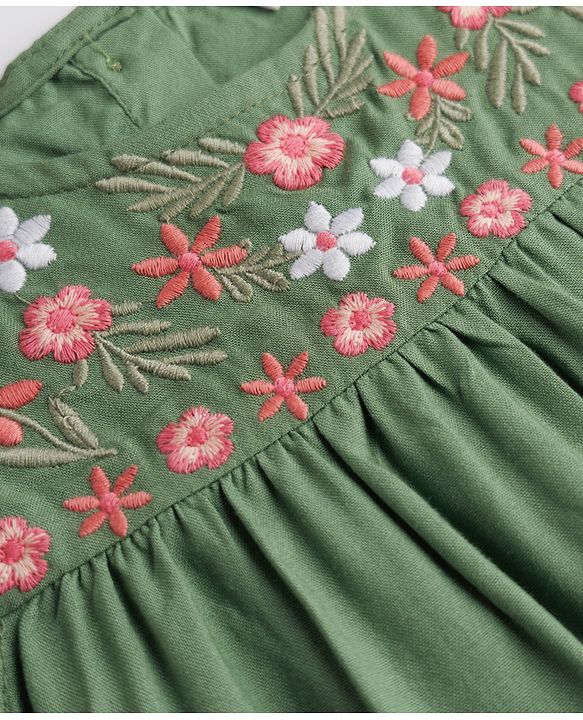 Babyhug 100% Cotton Woven Crepe Half Sleeves Floral Embroidered Top - Green