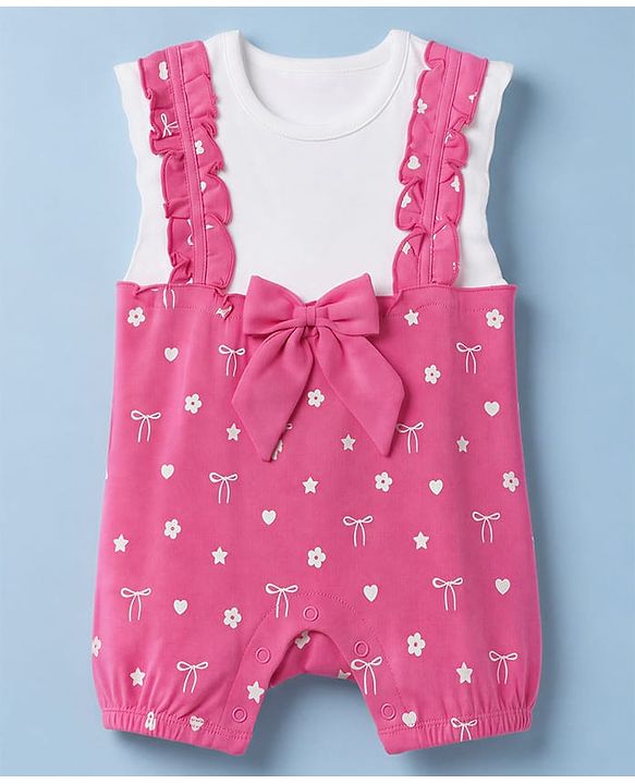 Babyhug 100% Cotton Interlock Knit Half Sleeves Bow & Floral Printed Romper - Pink