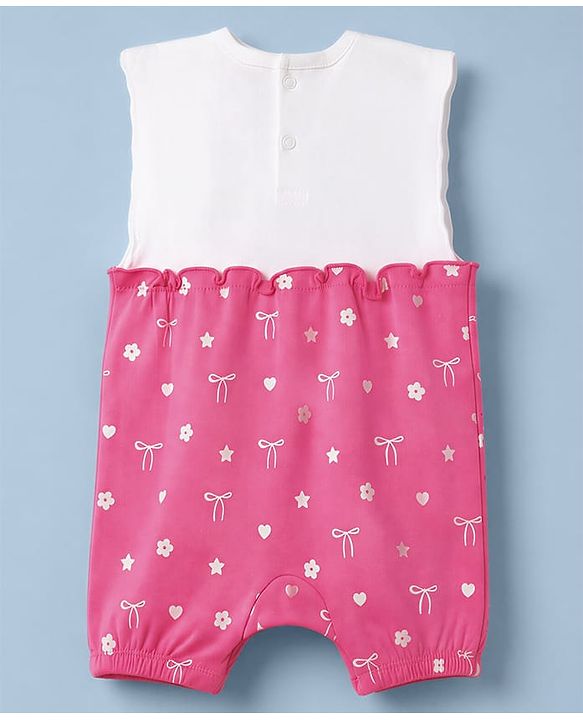 Babyhug 100% Cotton Interlock Knit Half Sleeves Bow & Floral Printed Romper - Pink