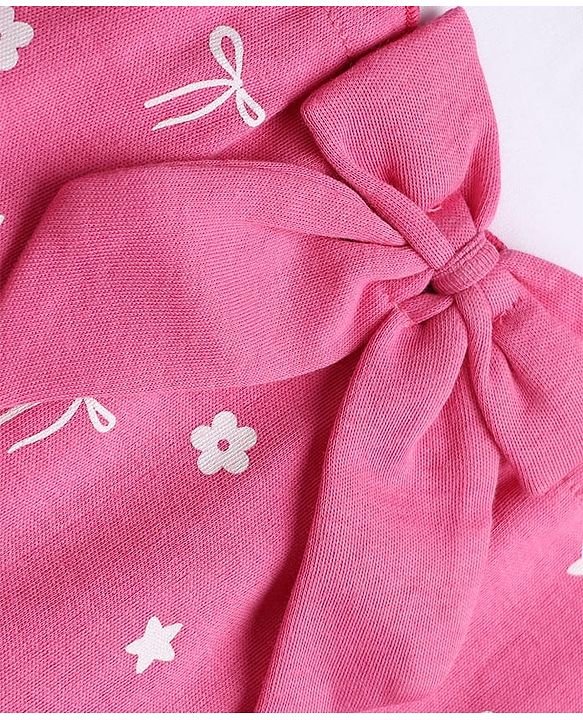 Babyhug 100% Cotton Interlock Knit Half Sleeves Bow & Floral Printed Romper - Pink