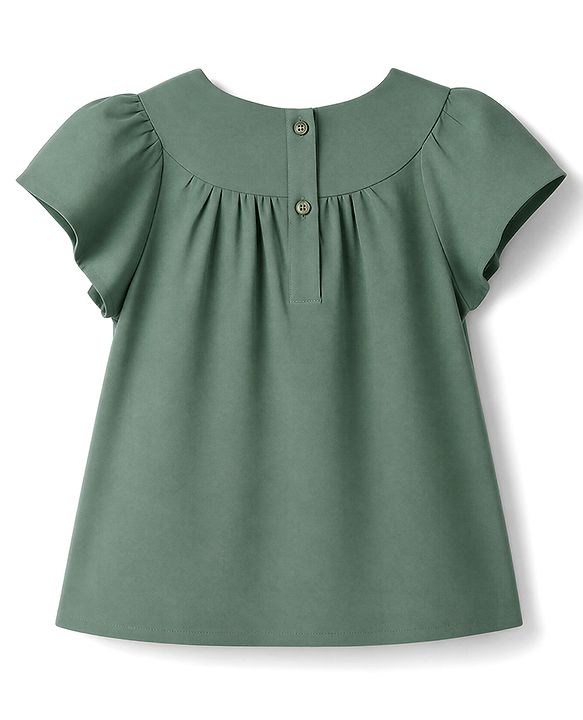 Babyhug Crinkled Crepe 100% Cotton Woven Half Sleeves Top with Floral Embroidery - Olive