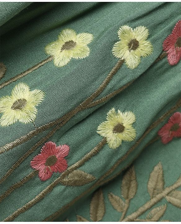 Babyhug Crinkled Crepe 100% Cotton Woven Half Sleeves Top with Floral Embroidery - Olive