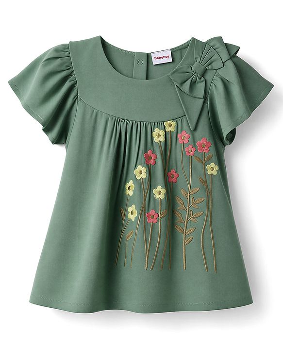 Babyhug Crinkled Crepe 100% Cotton Woven Half Sleeves Top with Floral Embroidery - Olive