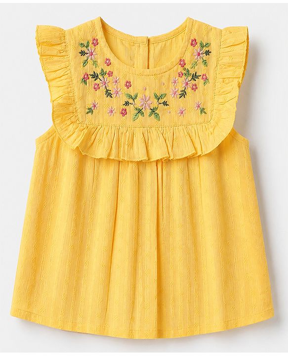 Babyhug 100% Cotton Woven Sleeveless, Frill Sleeves Dobby Top With Floral Embroidery in Yellow