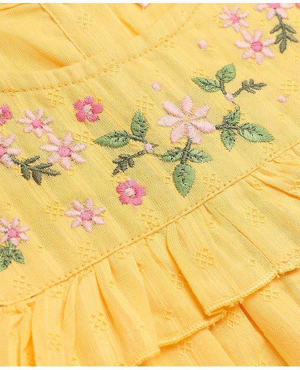Babyhug 100% Cotton Woven Sleeveless, Frill Sleeves Dobby Top With Floral Embroidery in Yellow