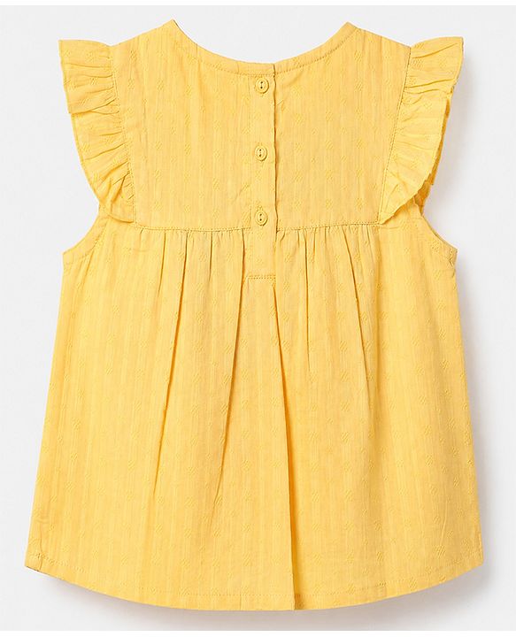Babyhug 100% Cotton Woven Sleeveless, Frill Sleeves Dobby Top With Floral Embroidery in Yellow