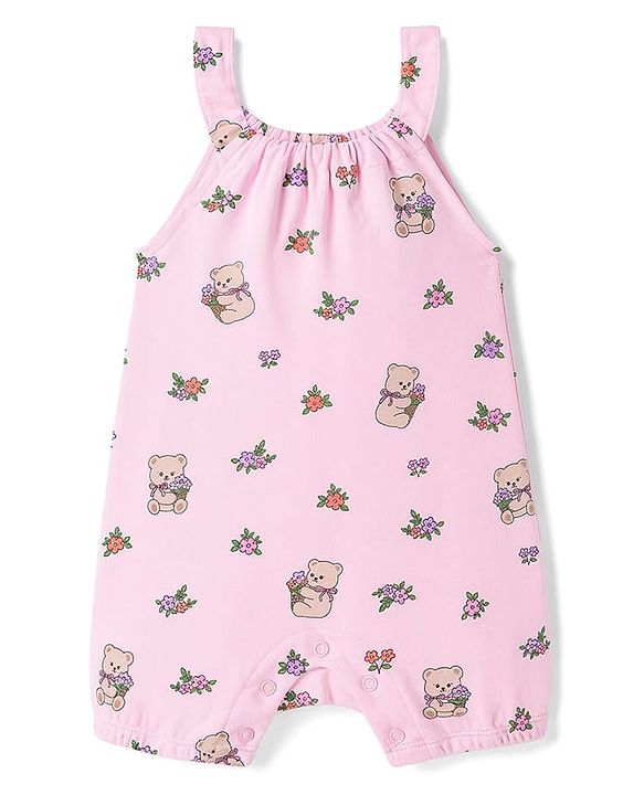 Babyhug 100% Cotton Knit Sleeveless Floral & Bear Printed Romper - Pink