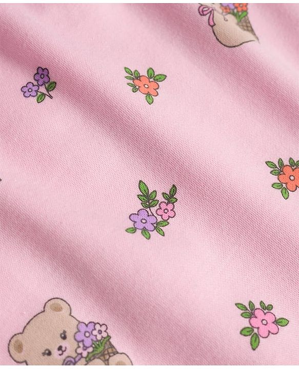 Babyhug 100% Cotton Knit Sleeveless Floral & Bear Printed Romper - Pink