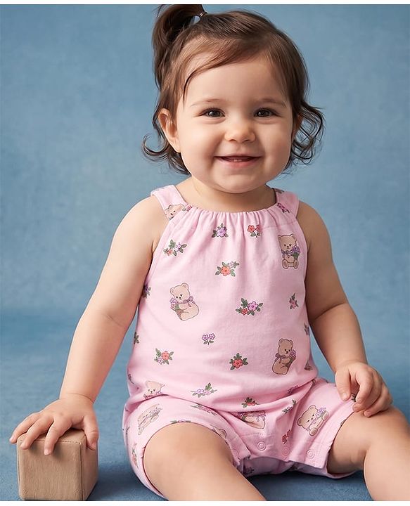 Babyhug 100% Cotton Knit Sleeveless Floral & Bear Printed Romper - Pink