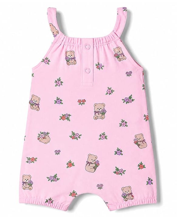 Babyhug 100% Cotton Knit Sleeveless Floral & Bear Printed Romper - Pink