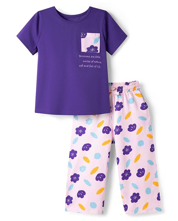 Pine Kids Cotton Knit Half Sleeves T-Shirt & Capri Night-Suit With Floral Print - Violet