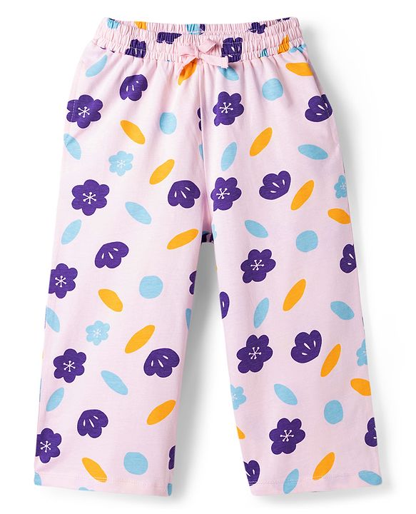 Pine Kids Cotton Knit Half Sleeves T-Shirt & Capri Night-Suit With Floral Print - Violet