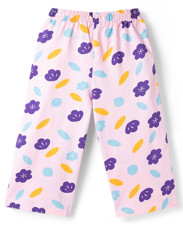 Pine Kids Cotton Knit Half Sleeves T-Shirt & Capri Night-Suit With Floral Print - Violet