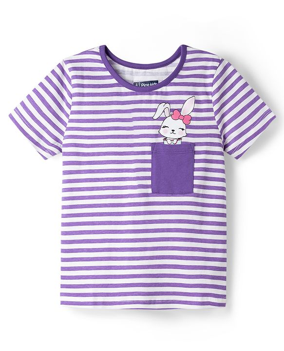 Pine Kids Cotton Knit Half Sleeves T-Shirt & Capri Striped Night Suit With Bunny Print - Purple & White