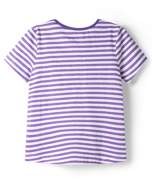 Pine Kids Cotton Knit Half Sleeves T-Shirt & Capri Striped Night Suit With Bunny Print - Purple & White