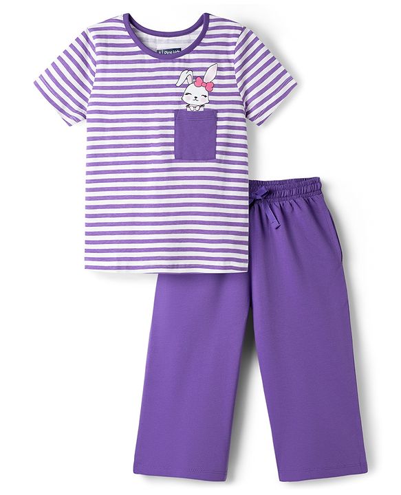 Pine Kids Cotton Knit Half Sleeves T-Shirt & Capri Striped Night Suit With Bunny Print - Purple & White