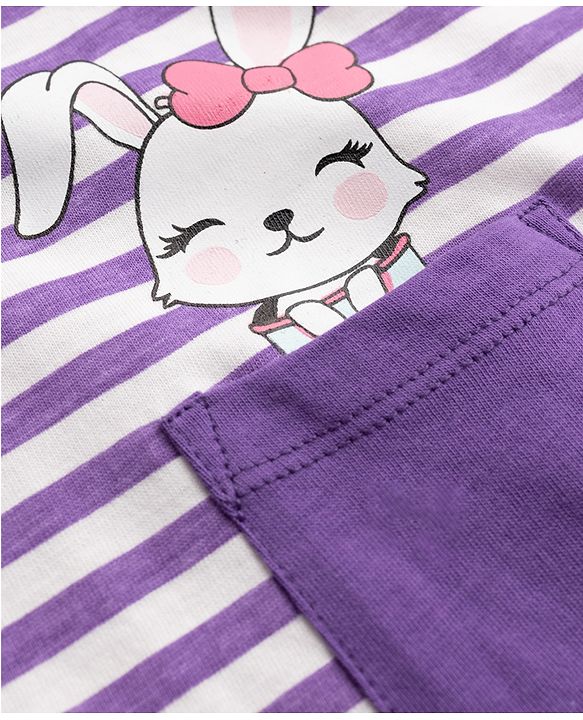 Pine Kids Cotton Knit Half Sleeves T-Shirt & Capri Striped Night Suit With Bunny Print - Purple & White